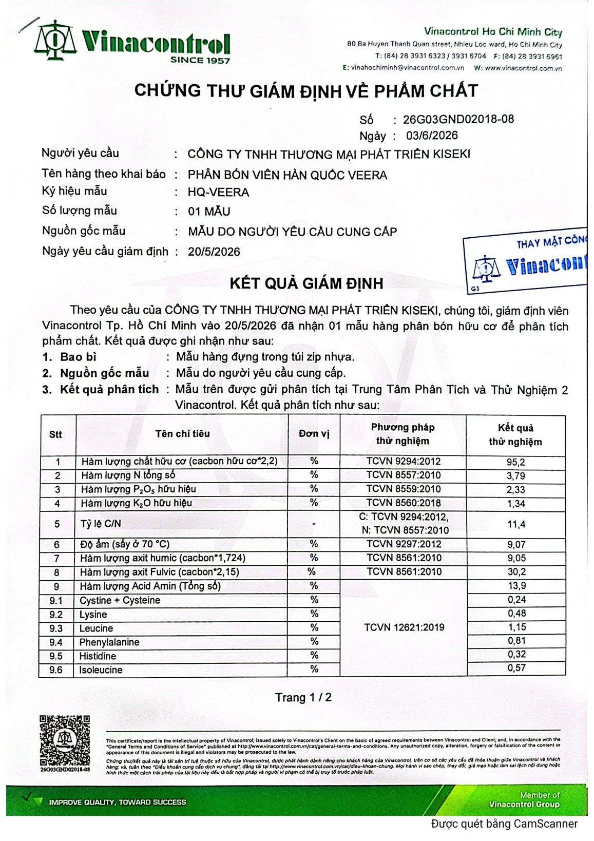 Chứng thư giám định Vinacontrol - trang 1